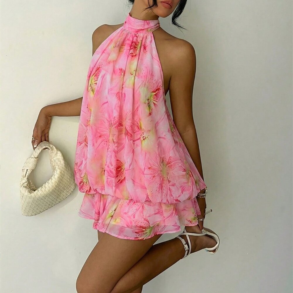 Light Pink Boho Women's Elegant Floral Print Halter Mini Dress